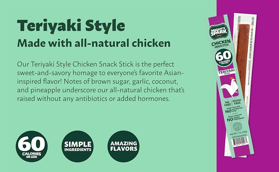 Mighty Spark Chicken Snack Sticks - Teriyaki - 6g of Protein, No Antibiotics Ever, No Hormones Added, Gluten Free - Pack of 48