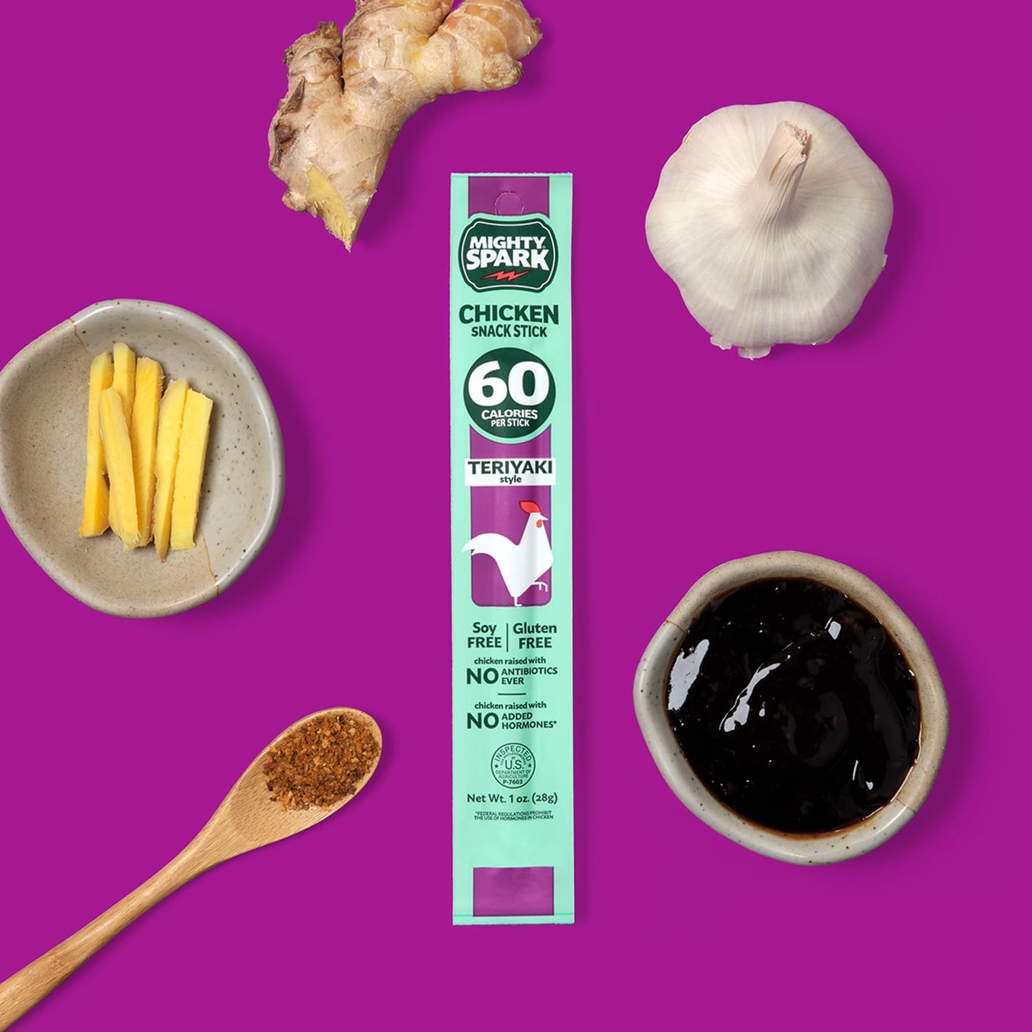 Mighty Spark Chicken Snack Sticks - Teriyaki - 6g of Protein, No Antibiotics Ever, No Hormones Added, Gluten Free - Pack of 12