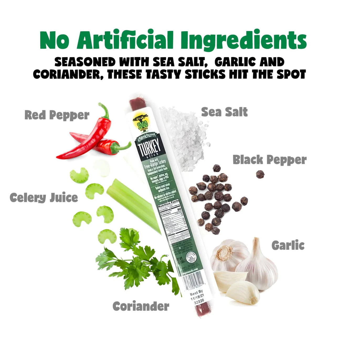 Sogo 100% Free Range Turkey Chimichurri Meat Sticks - No Sugar, Gluten Free, No Nitrates, MSG Free, 1 oz - Pack of 24