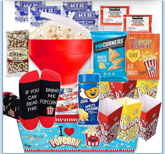 Popcorn Movie Night Gift Basket Care Package - w/Hot Air Popcorn Maker & Funny Socks, The Ultimate Gift Box