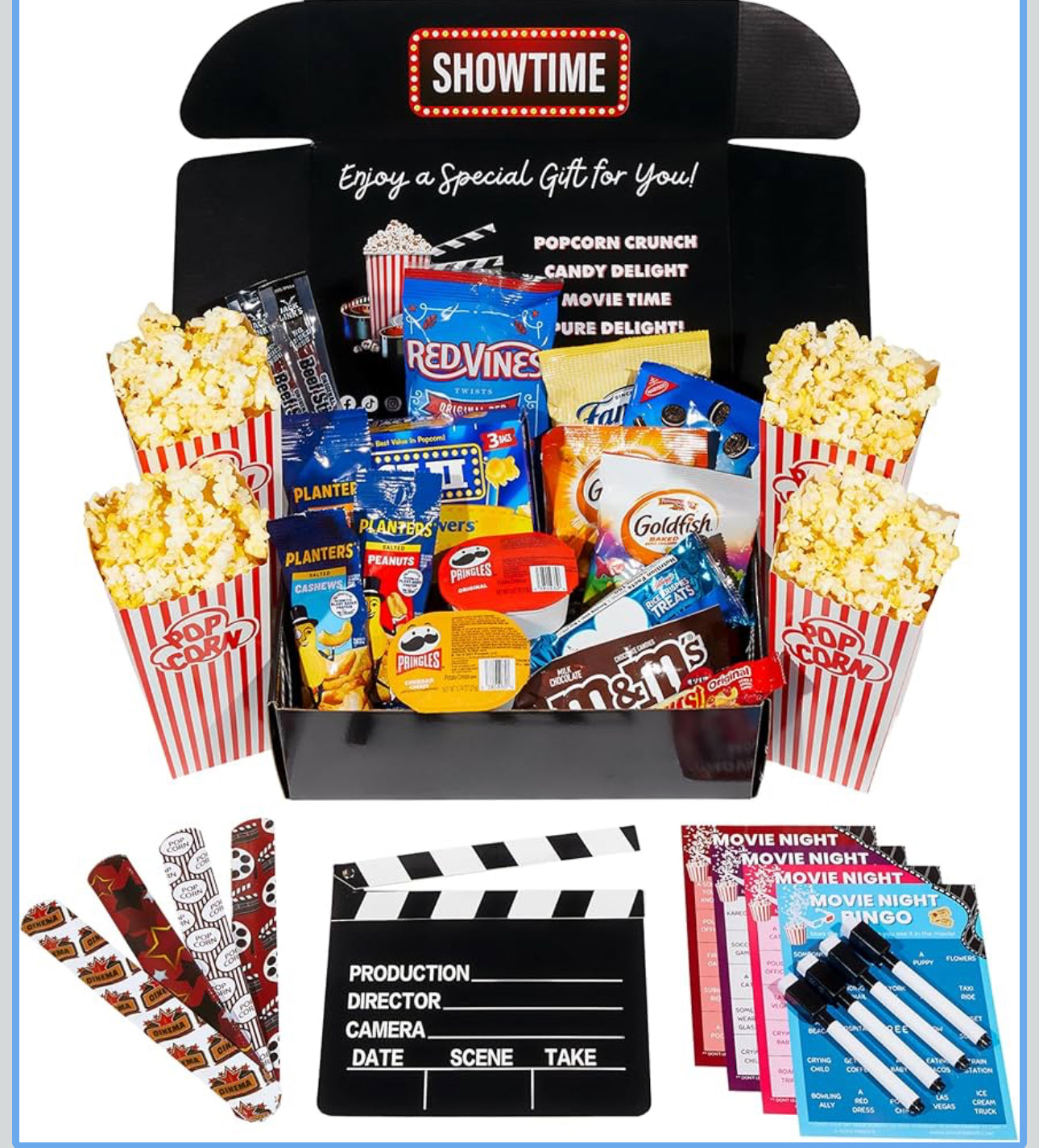 Movie Night Gift Basket – 33 Piece Gift Box with Popcorn, Candy, Snacks & Bingo