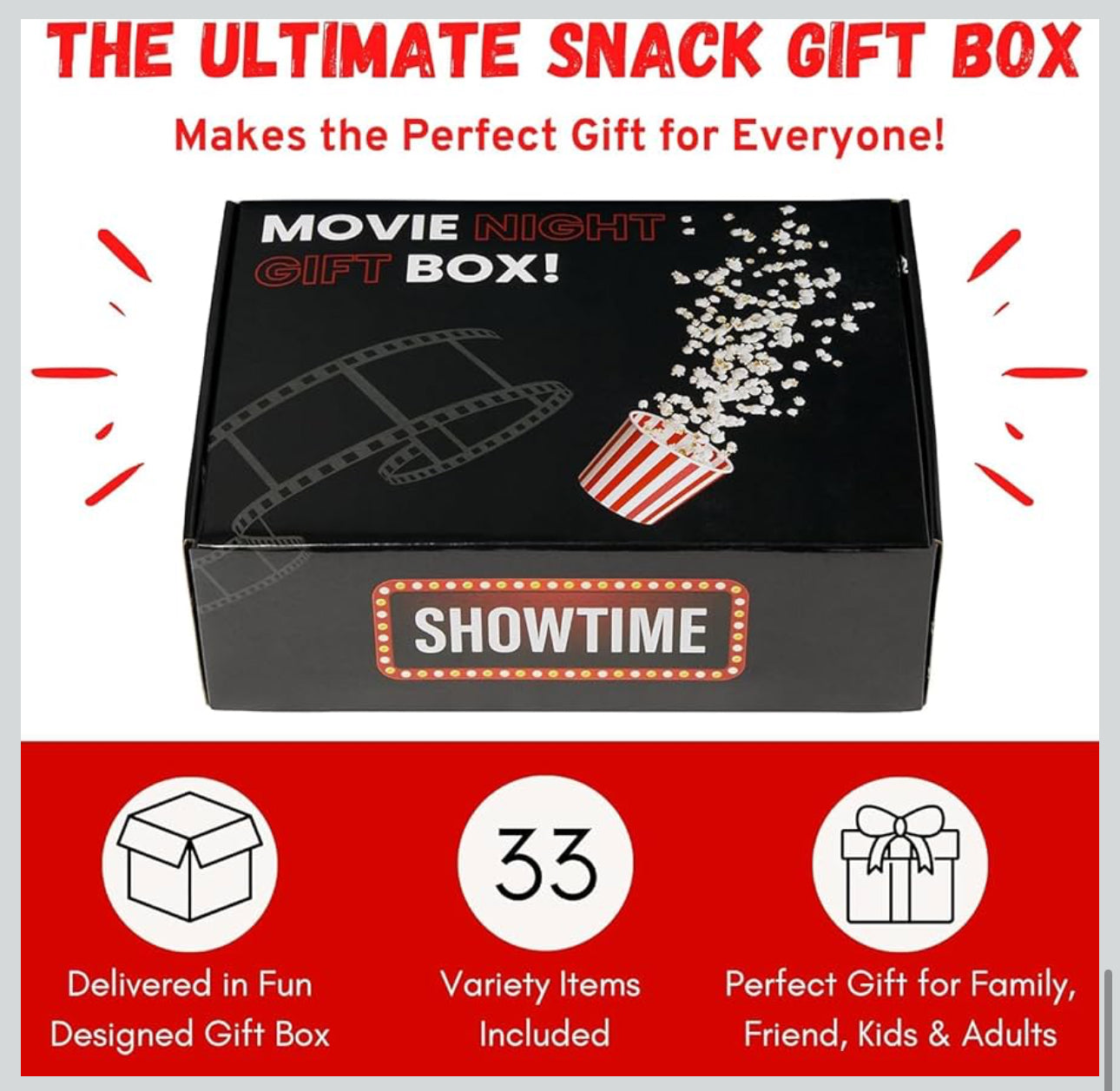 Movie Night Gift Basket – 33 Piece Gift Box with Popcorn, Candy, Snacks & Bingo