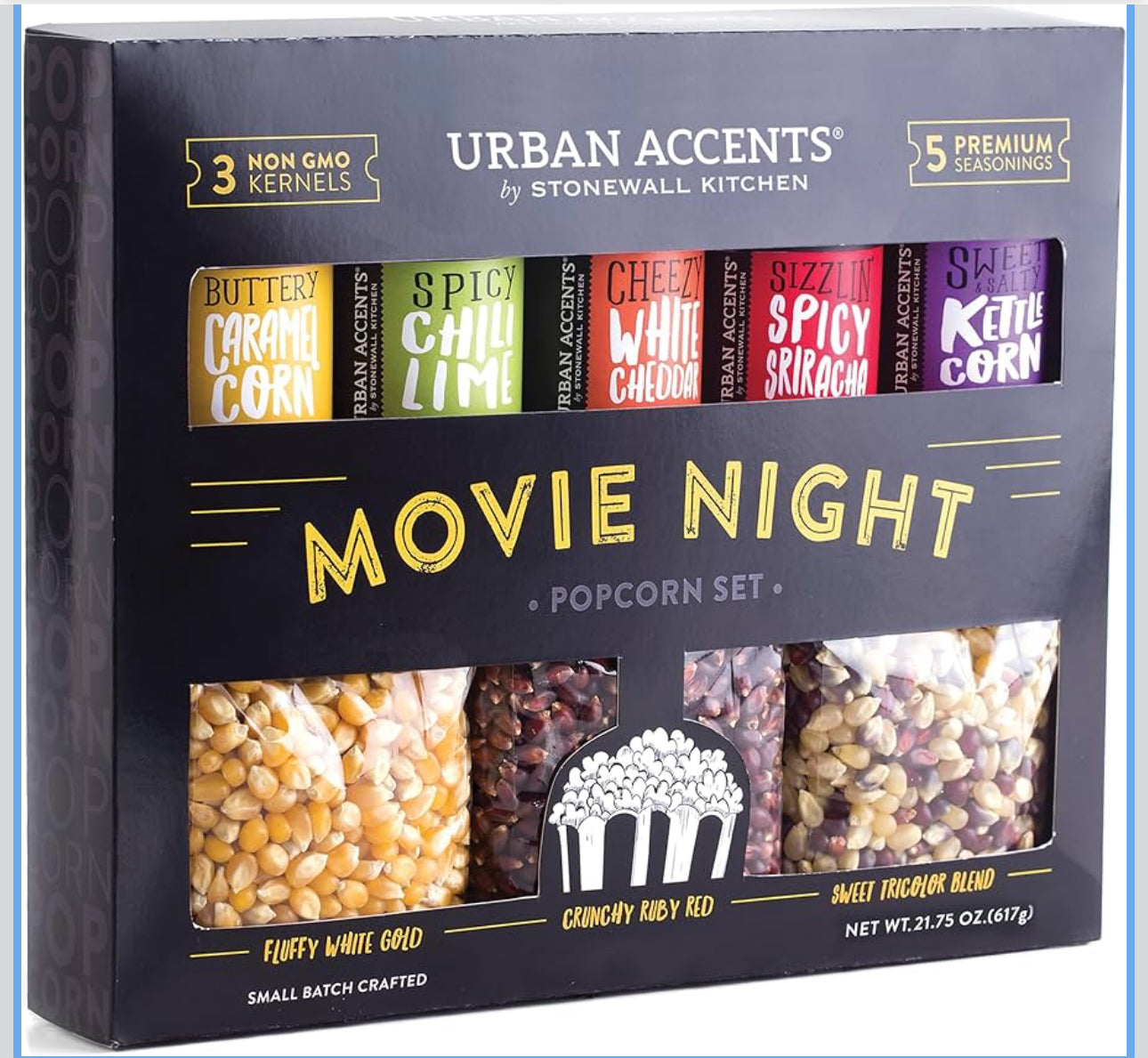 Urban Accents Movie Night Popcorn Gift Set – Includes 3 Gourmet Popcorn Kernel Varieties & 5 Flavorful Seasonings – Perfect Snack Gift Box for Parties, Holidays, or Movie Lovers