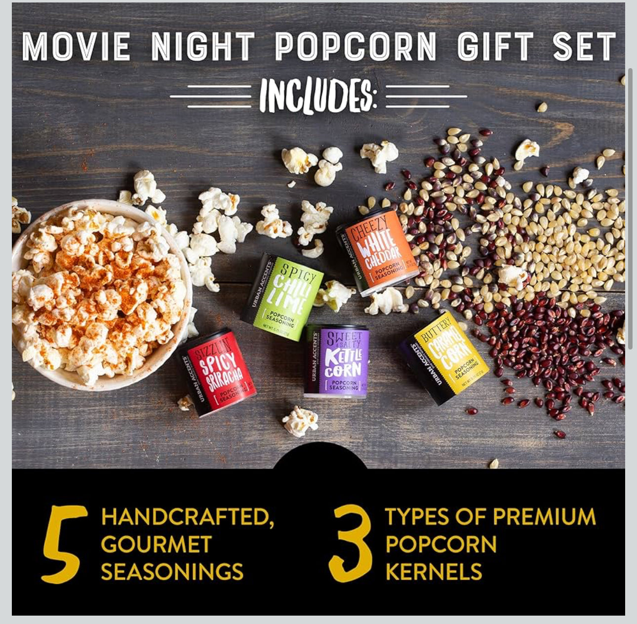 Urban Accents Movie Night Popcorn Gift Set – Includes 3 Gourmet Popcorn Kernel Varieties & 5 Flavorful Seasonings – Perfect Snack Gift Box for Parties, Holidays, or Movie Lovers