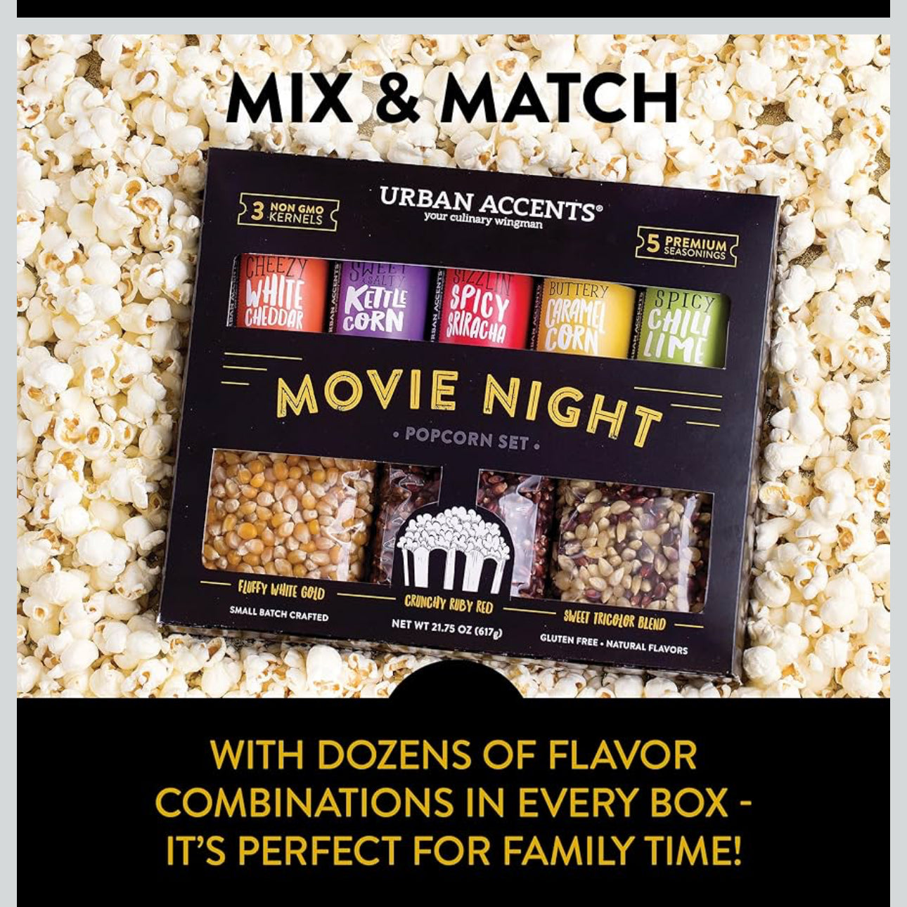 Urban Accents Movie Night Popcorn Gift Set – Includes 3 Gourmet Popcorn Kernel Varieties & 5 Flavorful Seasonings – Perfect Snack Gift Box for Parties, Holidays, or Movie Lovers
