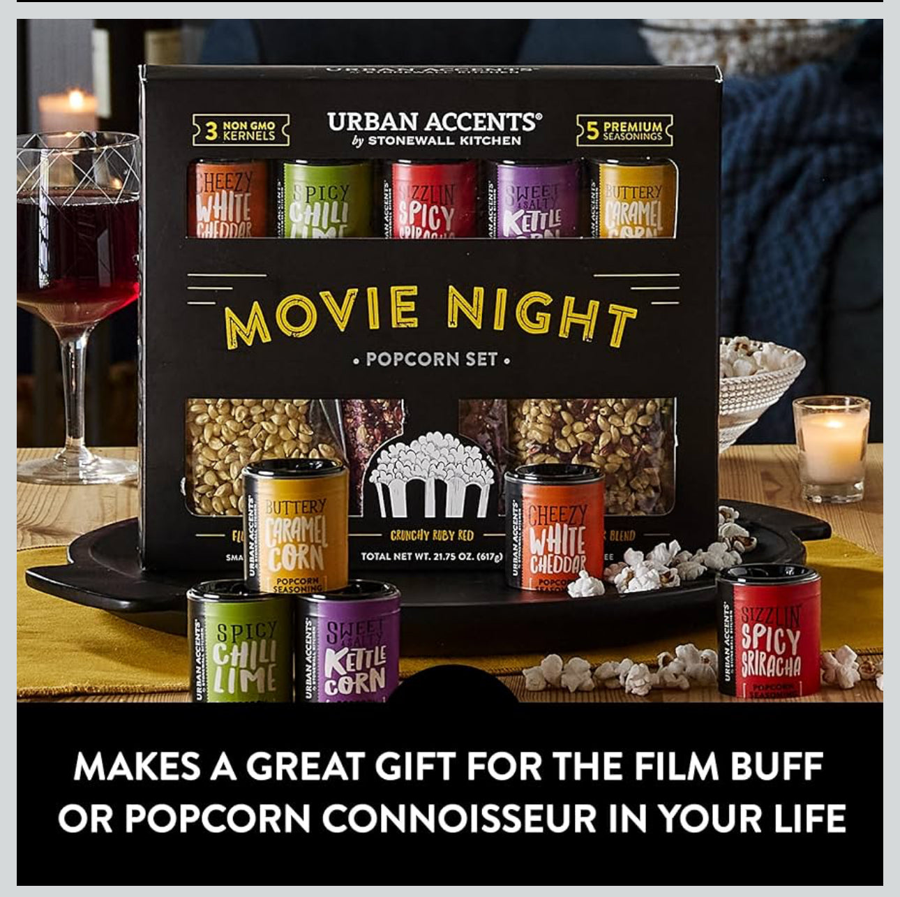 Urban Accents Movie Night Popcorn Gift Set – Includes 3 Gourmet Popcorn Kernel Varieties & 5 Flavorful Seasonings – Perfect Snack Gift Box for Parties, Holidays, or Movie Lovers