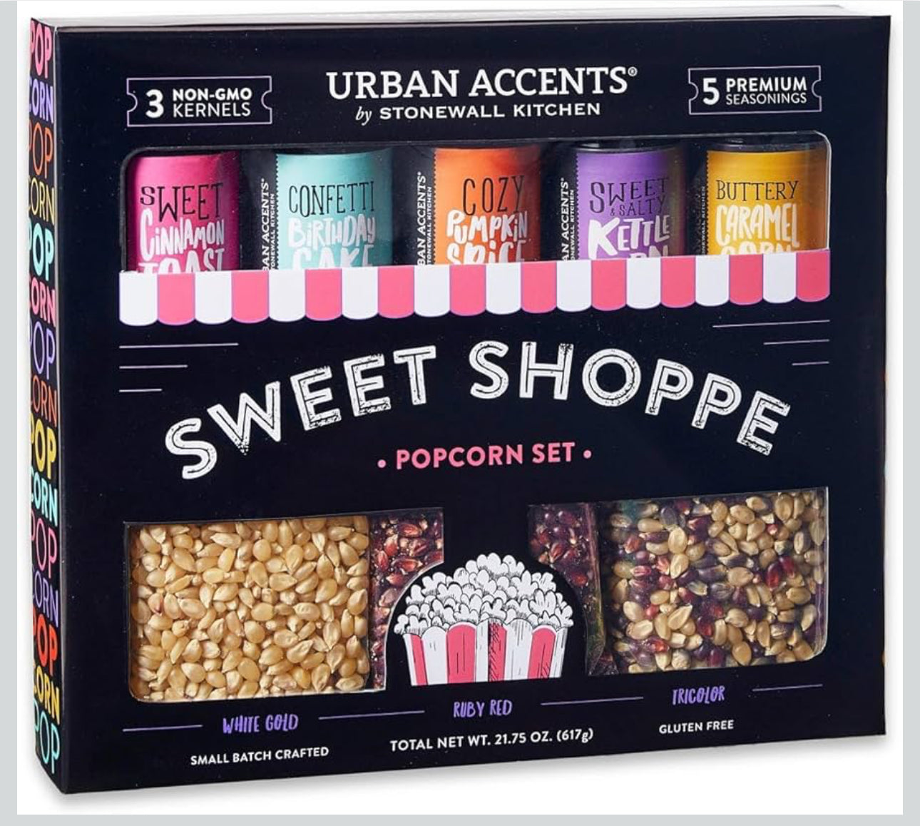 Urban Accents Movie Night Sweet Shoppe Gift Set Collection-Popcorn Seasoning Variety Pack (set of 8) - 3 Non-GMO Popcorn Kernel Packs and 5 Gourmet Popcorn Snack Seasonings