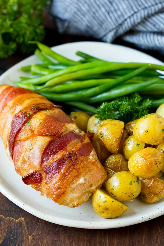 Bacon Wrapped Stuffed Chicken Breasts Combo - Mushroom Swiss & Holiday Stuffing - 14 oz - Pack of 8