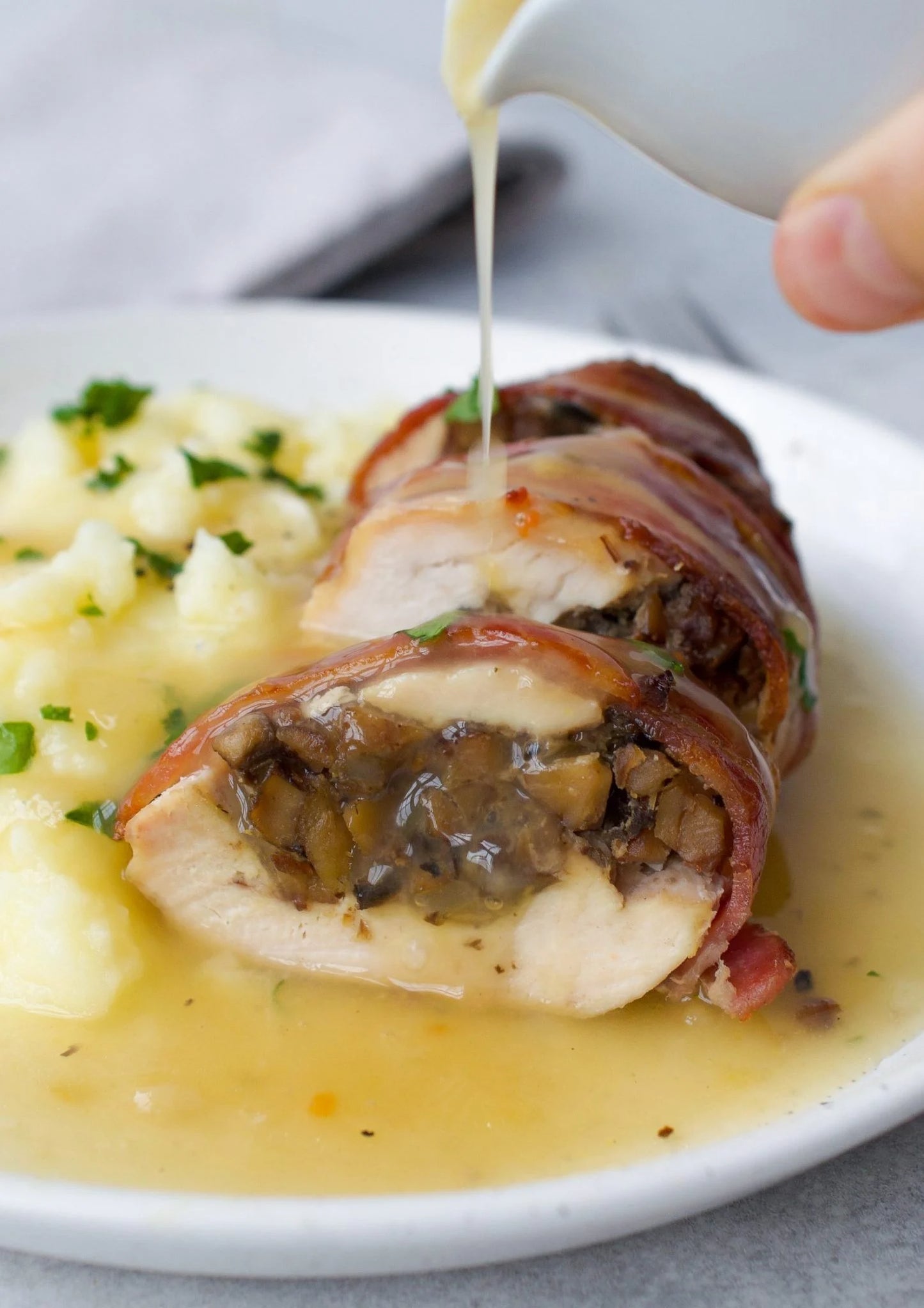 Bacon Wrapped Stuffed Chicken Breasts Combo - Mushroom Swiss & Holiday Stuffing - 14 oz - Pack of 8
