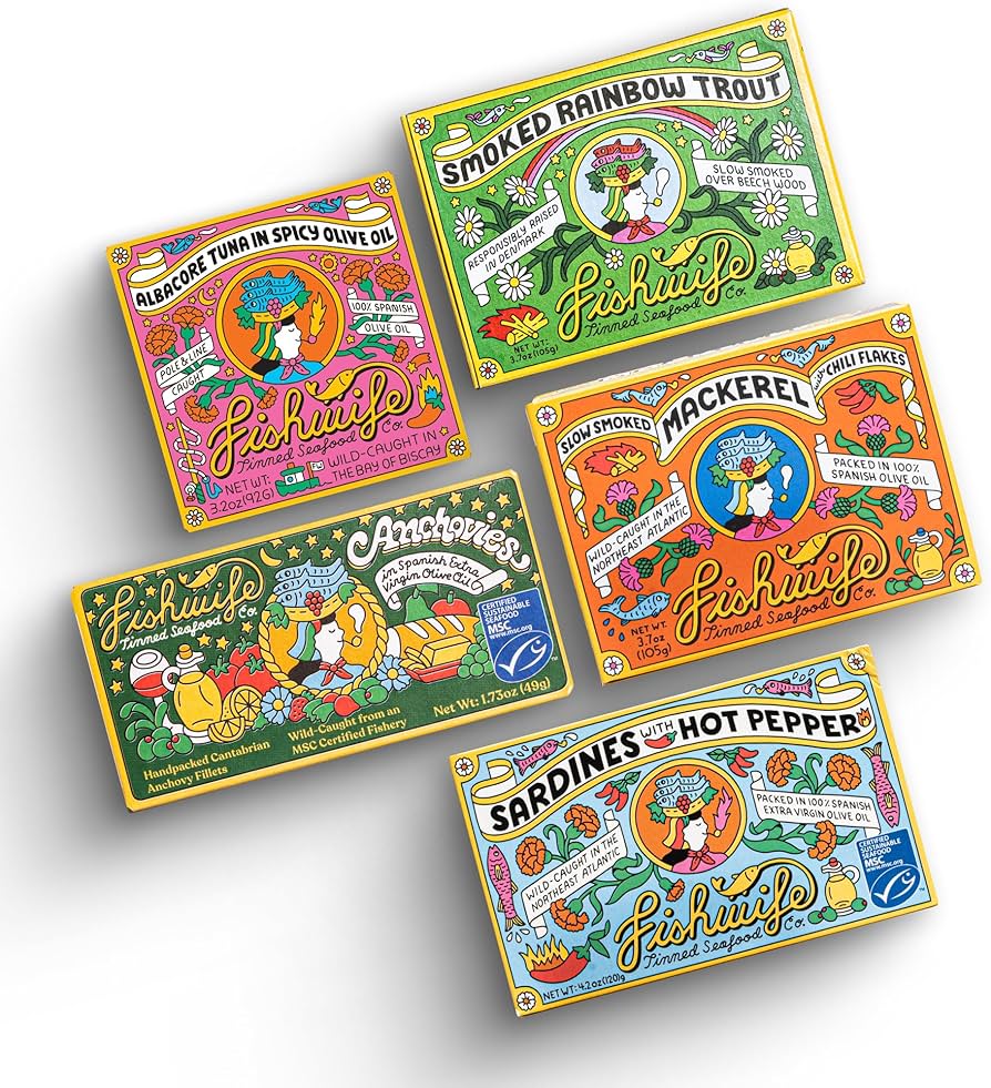 Fishwife Gift Variety Set with Cantabrian Anchovies, Sardines with Hot Pepper, Albacore Tuna in Spicy Olive Oil, Smoked Mackerel & Smoked Rainbow Trout) | High Protein, Gluten Free  - Pack of 5