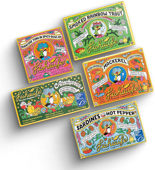 Fishwife Gift Variety Set with Cantabrian Anchovies, Sardines with Hot Pepper, Albacore Tuna in Spicy Olive Oil, Smoked Mackerel & Smoked Rainbow Trout) | High Protein, Gluten Free  - Pack of 5