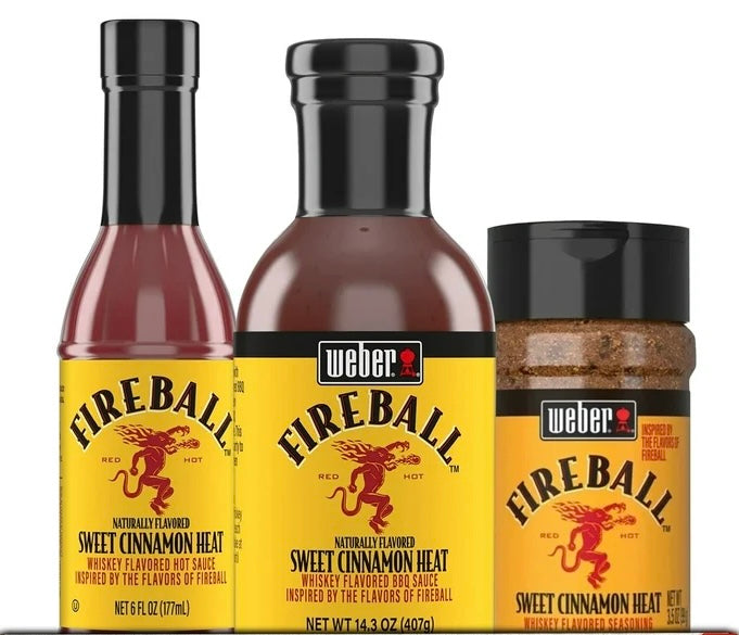 Weber Fireball Bourbon Whiskey Flavored Spice and Sauce Variety 3 Pack- Includes Seasoning, Hot Sauce, and BBQ Sauce Gift Basket