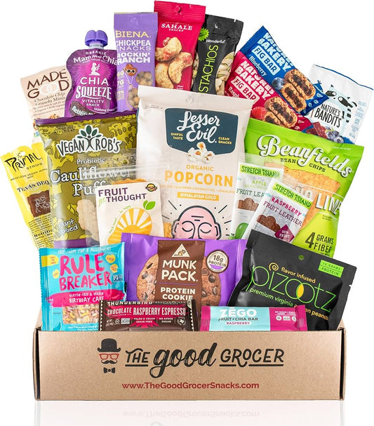 Healthy Vegan Snacks Care Package: Non-GMO, Vegan Jerky, Protein Bars, Cookies, Fruit & Nuts - includes 20 items