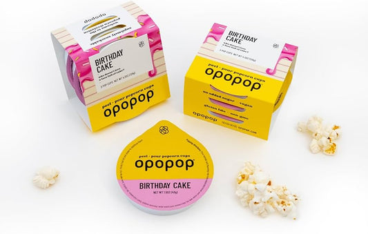 Opopop Gluten Free, Non-GMO Microwave Popcorn Pop Cups - Birthday Cake - Gourmet Kernels & Popcorn Flavoring - Pack of 6
