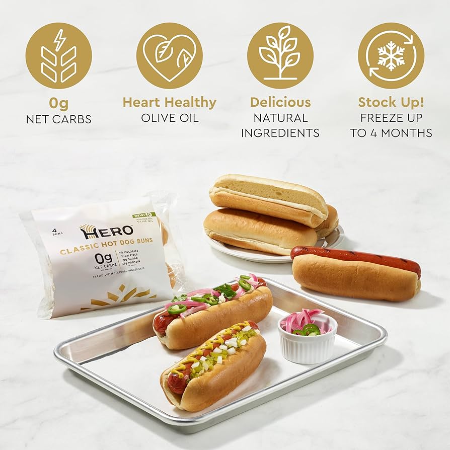 Hero Classic Hot Dog Buns - 0g Net Low Carb Buns | High Fiber, 0g Net Carbs, 0g Sugar - Pack of 2