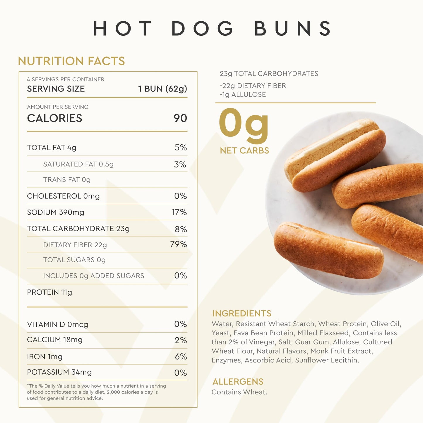 Hero Classic Hot Dog Buns - 0g Net Low Carb Buns | High Fiber, 0g Net Carbs, 0g Sugar - Pack of 2