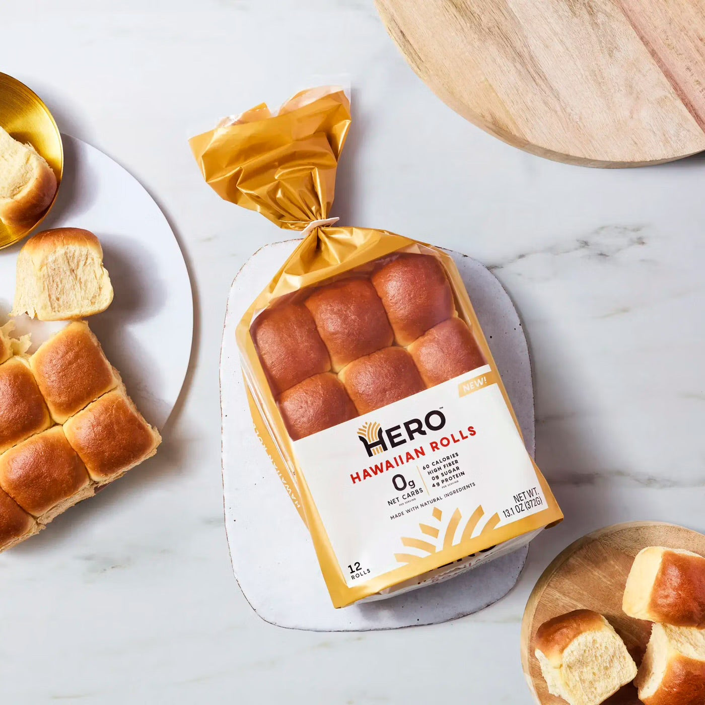 Hero Hawaiian Rolls – Net Low Carb Slider Buns & Dinner Rolls | High Fiber, 0g Net Carbs, 0g Sugar - Pack of 4
