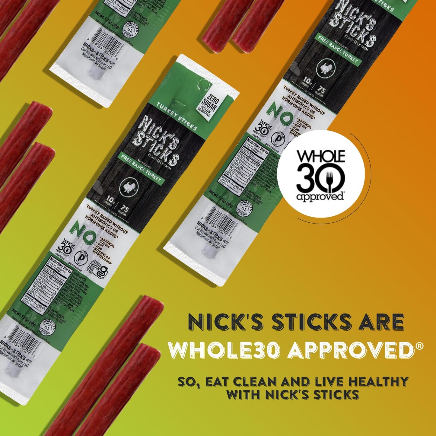 Nick's Sticks Free Range Turkey Snack Sticks, Clean & Balanced | Made in the USA | Gluten Free | Paleo, Keto, Whole30 Approved | No Soy, Antibiotics or Hormones - 1.7 oz, 2 Sticks per pack - Pack of 25