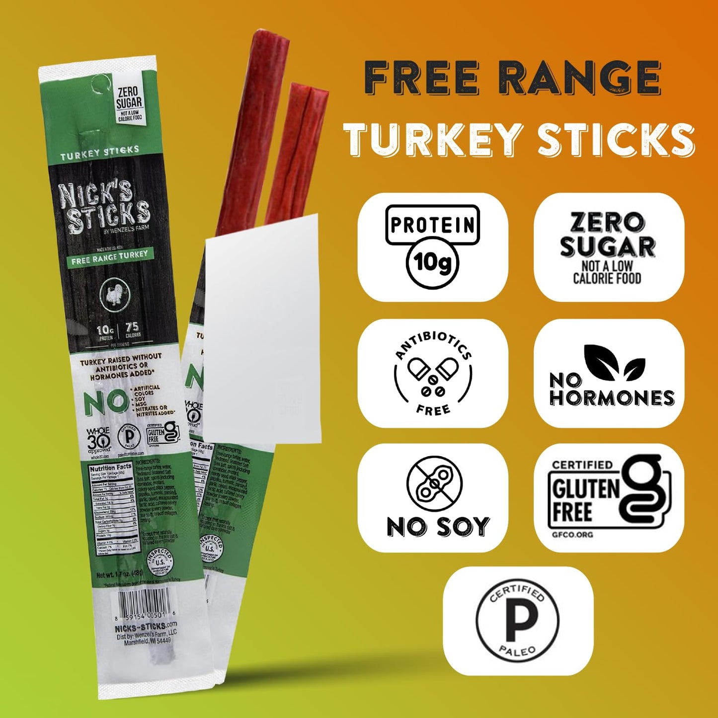Nick's Sticks Free Range Turkey Snack Sticks, Clean & Balanced | Made in the USA | Gluten Free | Paleo, Keto, Whole30 Approved | No Soy, Antibiotics or Hormones - 1.7 oz, 2 Sticks per pack - Pack of 25