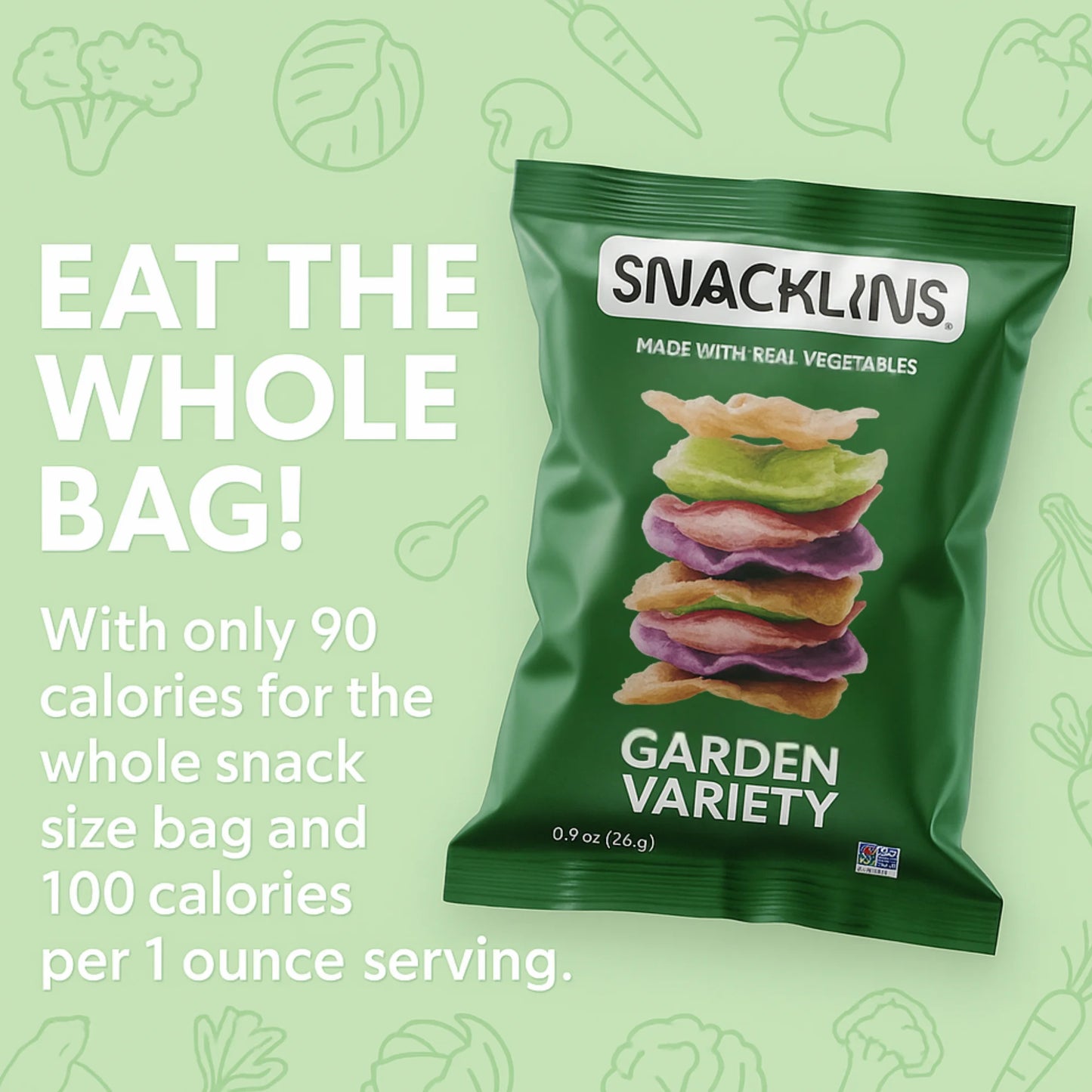 SNACKLINS Plant Based Crisps GARDEN Variety - Gluten Free, Grain Free, 100% Kosher, Vegan Healthy Snacks, Crunchy Puffed Snack, Just 90 Calories Per Bag - Pack of 12