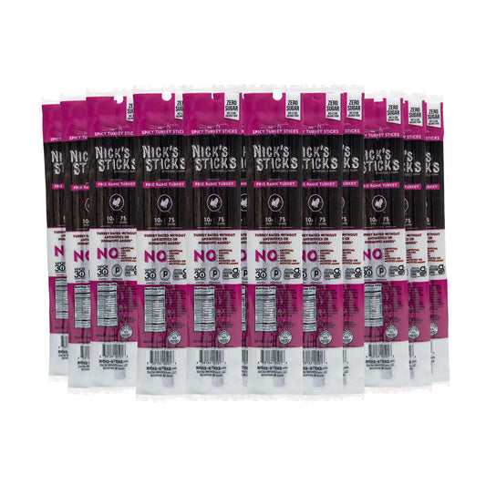 Nick's Sticks Free Range Spicy Turkey Snack Sticks, Clean & Balanced | Made in the USA | Gluten Free | Paleo, Keto, Whole30 Approved | No Soy, Antibiotics or Hormones - 1.7 oz, 2 Sticks per pack - Pack of 25