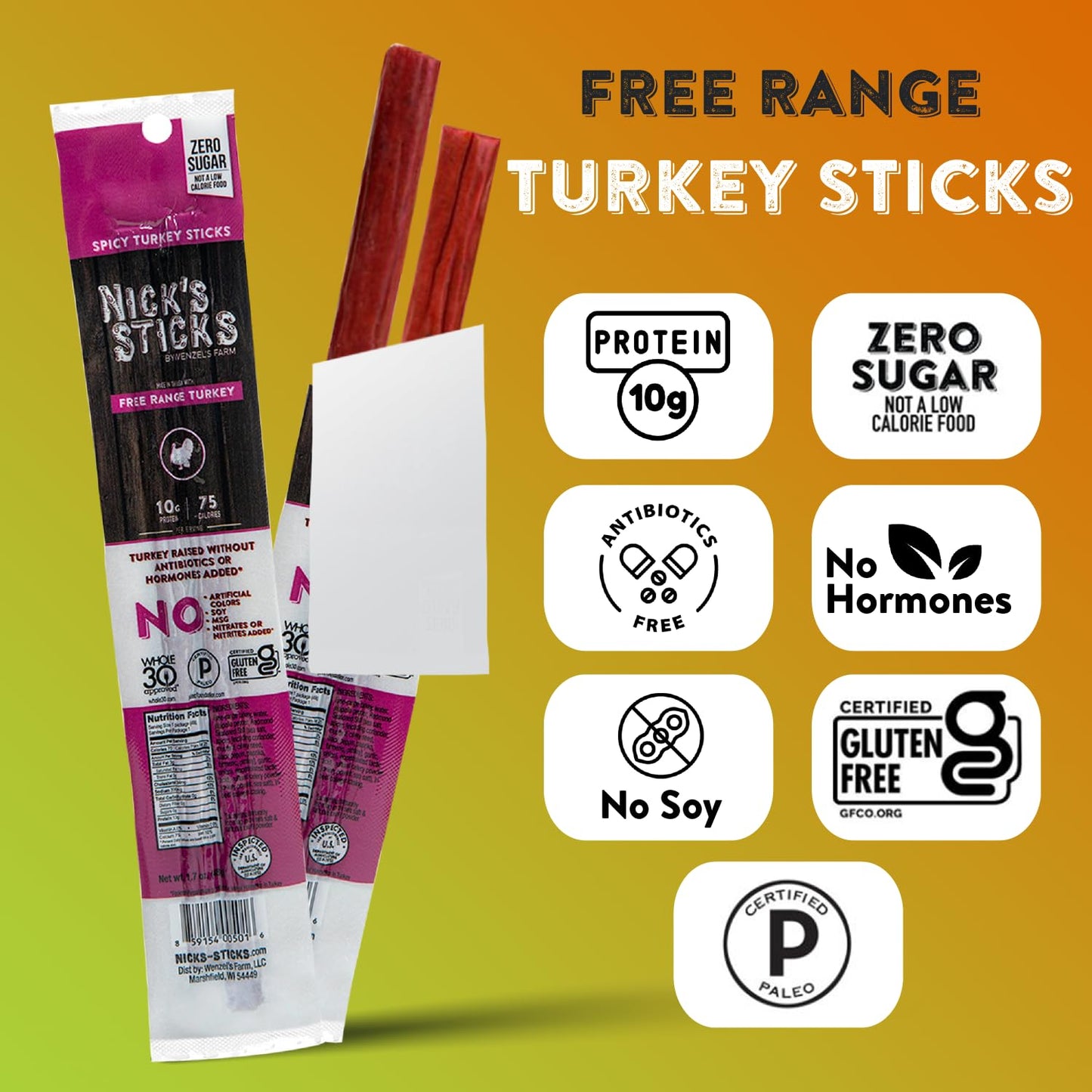 Nick's Sticks Free Range Spicy Turkey Snack Sticks, Clean & Balanced | Made in the USA | Gluten Free | Paleo, Keto, Whole30 Approved | No Soy, Antibiotics or Hormones - 1.7 oz, 2 Sticks per pack - Pack of 25