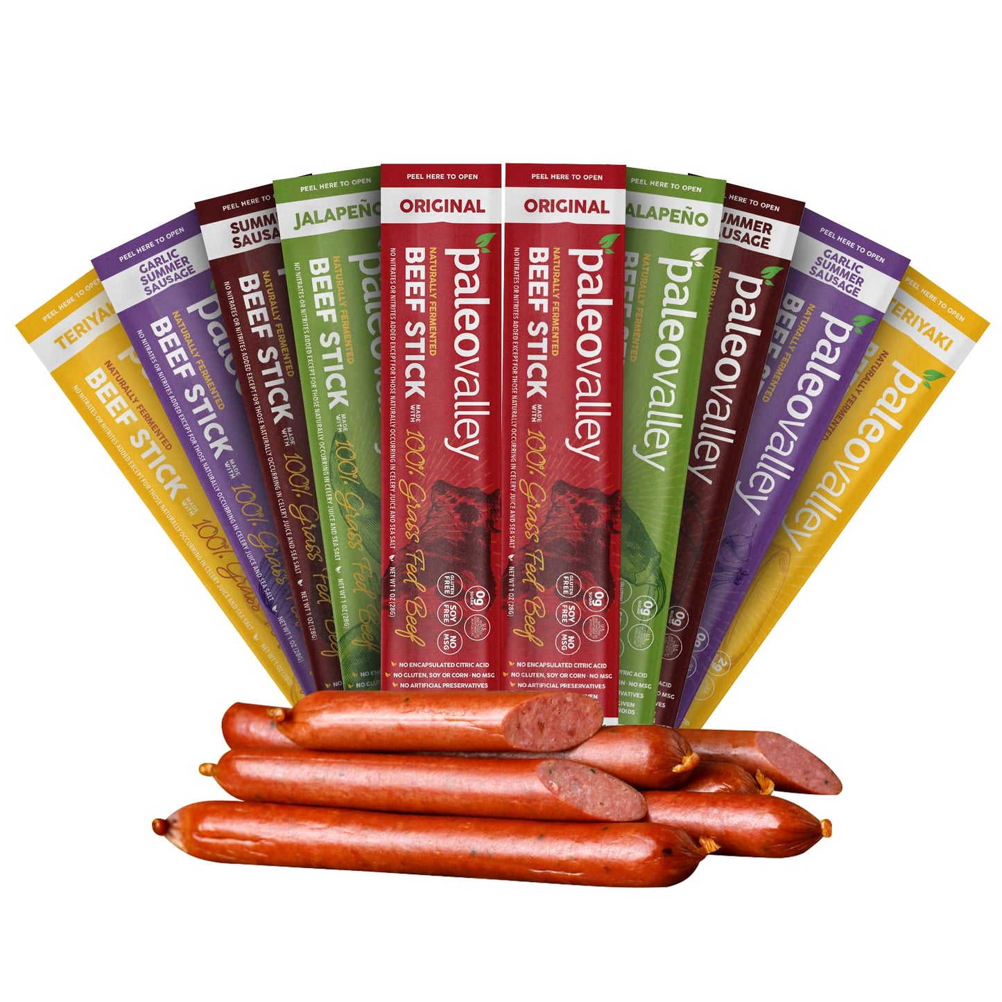 Paleovalley 100% Grass Fed Variety Beef Sticks - Delicious Gluten Free Beef Snack - High Protein Keto Friendly, Pack of 50