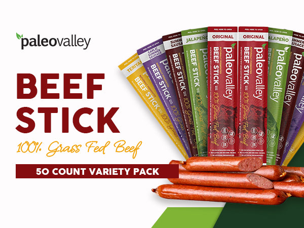 Paleovalley 100% Grass Fed Variety Beef Sticks - Delicious Gluten Free Beef Snack - High Protein Keto Friendly, Pack of 50