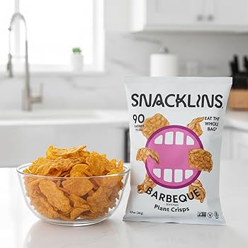 SNACKLINS Plant Based Crisps BARBEQUE - Only 90 Calories Per Bag, Gluten Free, Grain Free, 100% Kosher For Passover, Vegan Healthy Snacks, Crunchy Puffed Snack - Pack of 12