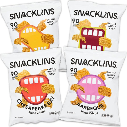 SNACKLINS Plant Based Crisps 4 Flavor Variety - Nacho, BBQ, Teriyaki, Chesapeake Bay - Gluten Free, Grain Free, 100% Kosher, Vegan Healthy Snacks, No Added Sugar Crunchy Puffed Snack Only 90 Calories Per Bag - Pack of 12