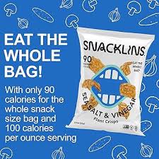 SNACKLINS Plant Based Crisps SEA SALT & VINEGAR - Only 90 Calories Per Bag, Gluten Free, Grain Free, 100% Kosher For Passover, Vegan Healthy Snacks, Crunchy Puffed Snack - Pack of 12