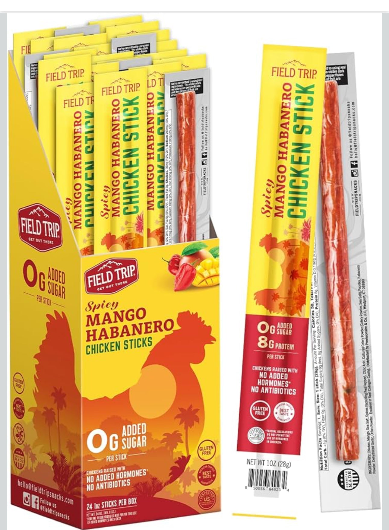 Field Trip Free Range Spicy Mango Habanero Chicken Jerky Snack Sticks, Zero Sugar, Keto, Paleo, Gluten Free, Allergy Friendly Snack, High Protein, 50 Calorie Snack - 1 oz, Pack of 24