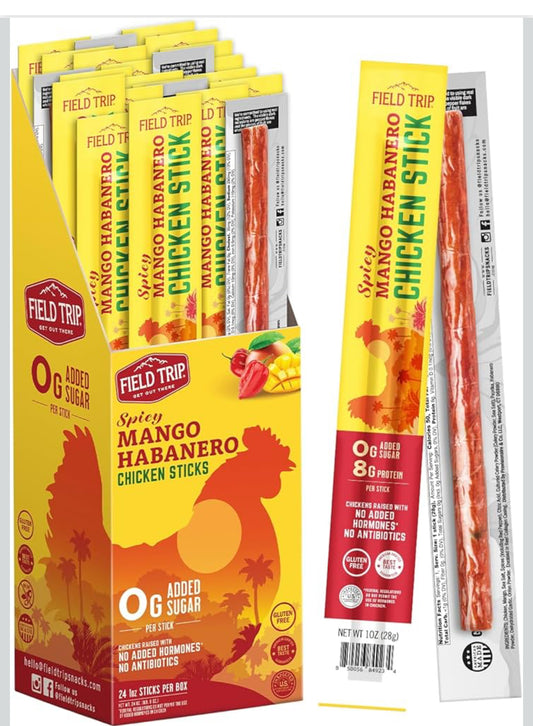 Field Trip Free Range Spicy Mango Habanero Chicken Jerky Snack Sticks, Zero Sugar, Keto, Paleo, Gluten Free, Allergy Friendly Snack, High Protein, 50 Calorie Snack - 1 oz, Pack of 24
