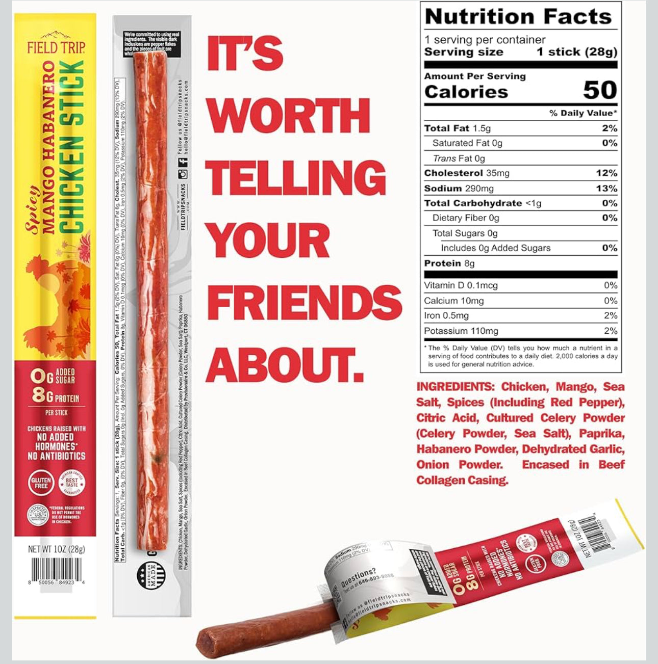 Field Trip Free Range Spicy Mango Habanero Chicken Jerky Snack Sticks, Zero Sugar, Keto, Paleo, Gluten Free, Allergy Friendly Snack, High Protein, 50 Calorie Snack - 1 oz, Pack of 24