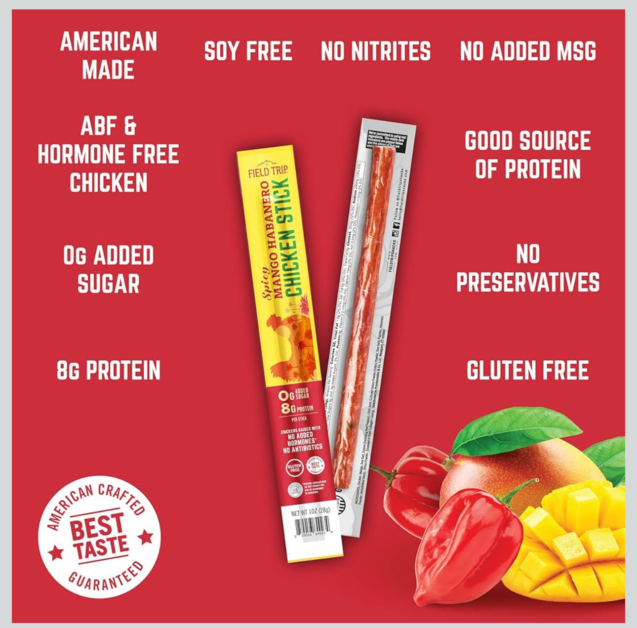 Field Trip Free Range Spicy Mango Habanero Chicken Jerky Snack Sticks, Zero Sugar, Keto, Paleo, Gluten Free, Allergy Friendly Snack, High Protein, 50 Calorie Snack - 1 oz, Pack of 24