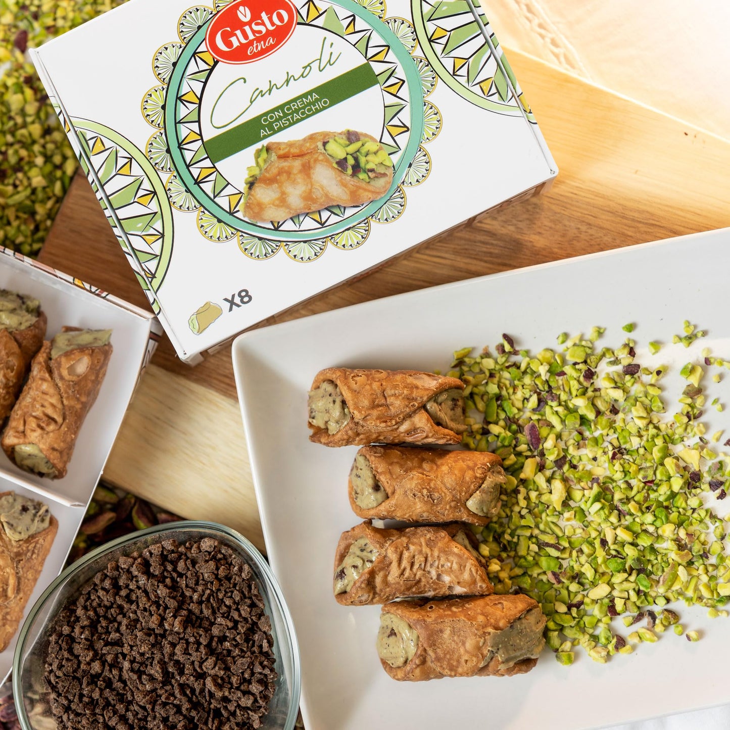 Gusto Etna Sicilian Cannoli filled with Pistachio Cream, 8 Pieces, Mini Cannoli in Gift Box with Pistachio Butter, Crunchy Sweet Delicacy from Bronte, Sicily, Italian Biscotti Cookies, From Italy - Pack of 2