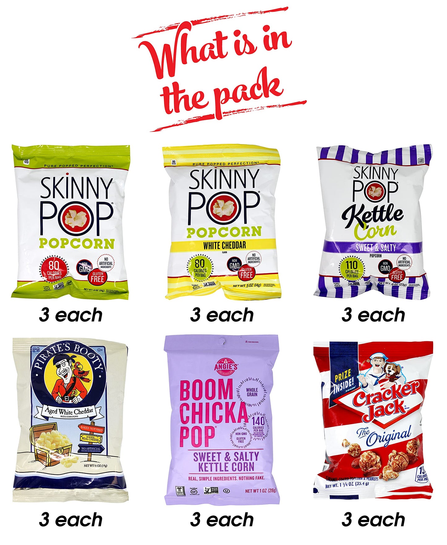 Popcorn Snack Pack - Skinny Pop, Pirate's Booty, Cracker Jack, and Angie's - 18 Packs