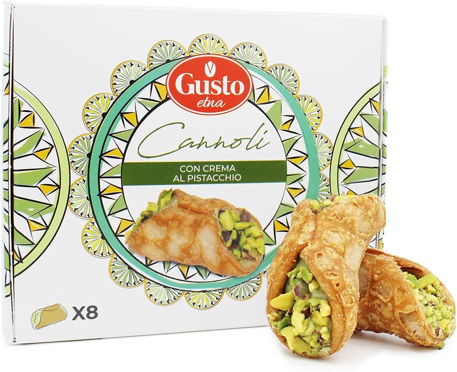 Gusto Etna Sicilian Cannoli filled with Pistachio Cream, 8 Pieces, Mini Cannoli in Gift Box with Pistachio Butter, Crunchy Sweet Delicacy from Bronte, Sicily, Italian Biscotti Cookies, From Italy - Pack of 2