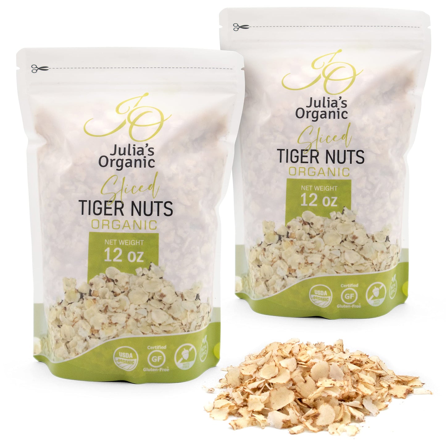 Julia's Organic Sliced Tiger Nuts, Thin Sliced Tiger Nuts Organic Raw - Gluten Free, High Fiber & protein, Non-GMO - Pack of 2
