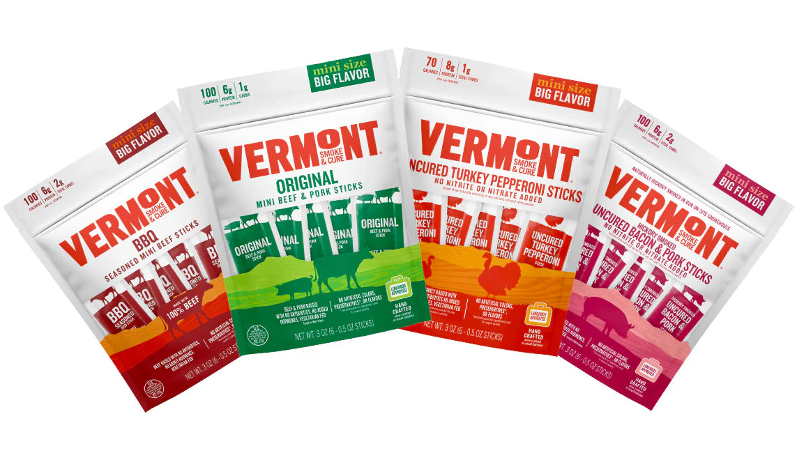 Vermont Smoke & Cure Mini Meat Sticks, 3 oz - Pouch Variety Sampler Pack -  Protein Snacks,  No Antibiotics or Added Hormones, Hiking Snacks - Pack of 4