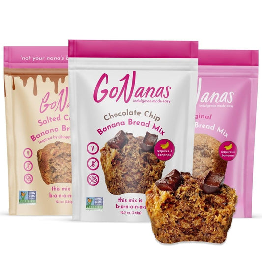 GoNanas Banana Bread Mix Variety Pack - Vegan, Gluten Free - Oat Flour Banana Bread or Banana Muffin Mix - Pack of 3