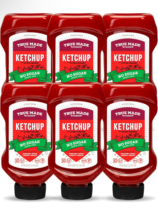 True Made Foods - No Sugar Added Ketchup - Condiment Squeeze Bottles Made with Fruit and Veggies for Barbeque Grilling and BBQ Toppings, Healthy Sauce for Cookout, Whole 30, Keto, Vegan. 18.5 oz -Pack of 6