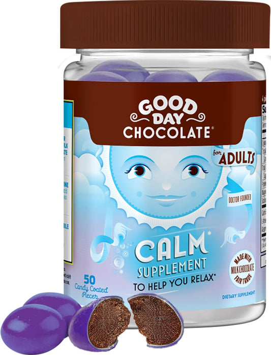 Good Day Chocolate Natural Calming Candy Coated Milk Chocolate, Blend of Camomile, Theanine, Magnesium, Fair Trade and Non-GMO Chocolate, 50 Pieces