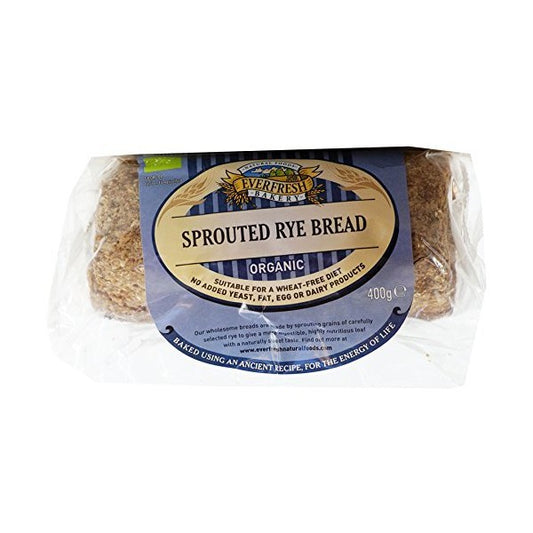 Packaged sprouted rye bread with a visible label on a white background