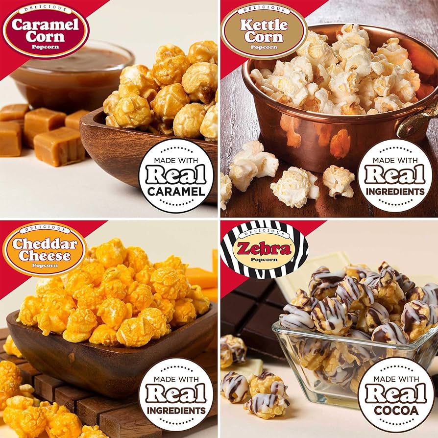 Popcornopolis Gourmet Popcorn Snacks, 40 Cone Variety Gift Cones / 0.9 - 2.7 oz - Assorted Flavored Mixed Indulgent Popcorn – (10) 0.9oz Kettle Mini Cones, (10) 0.9oz Cheddar Mini Cones, (10) 2.2oz Caramel Corn Mini Cones, (10) 2.7oz Zebra Mini Cones