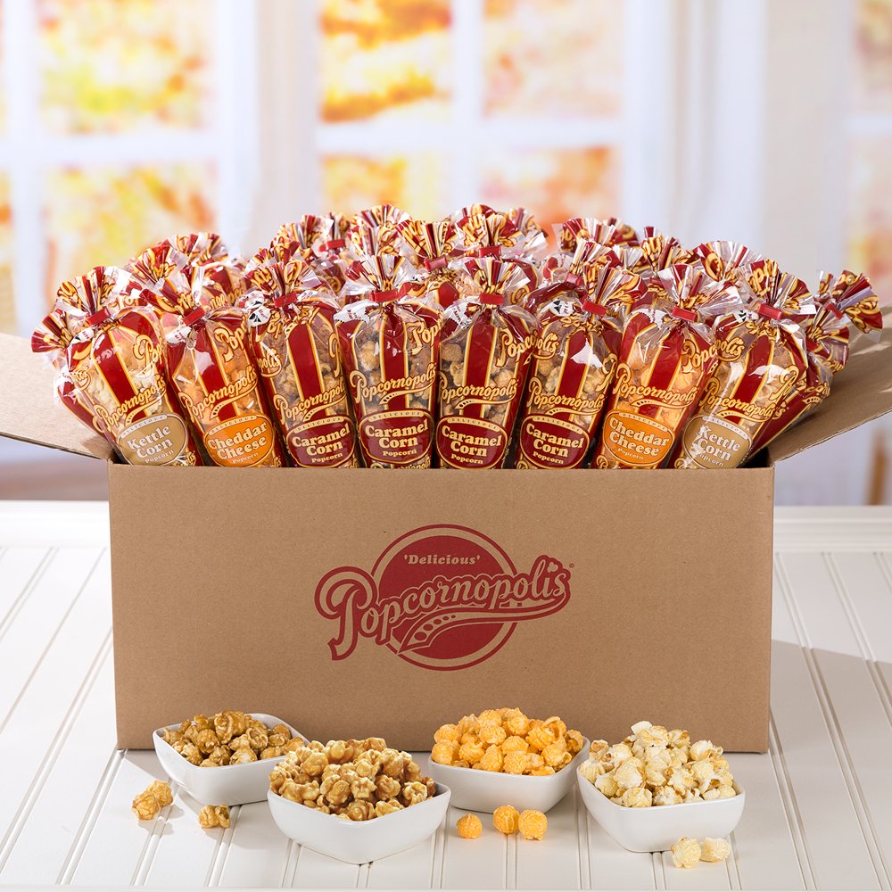 Popcornopolis Gourmet Popcorn Snacks, 40 Cone Variety Gift Cones / 0.9 - 2.7 oz - Assorted Flavored Mixed Indulgent Popcorn – (10) 0.9oz Kettle Mini Cones, (10) 0.9oz Cheddar Mini Cones, (10) 2.2oz Caramel Corn Mini Cones, (10) 2.7oz Zebra Mini Cones