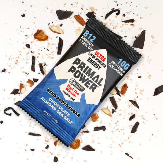 Primal Power Liver Powered Nutrition Bars, Chocolate Almond Sea Salt - B12 Energy Boost, 10g Protein, Vitamins, Minerals, Collagen, Zero Added Sugar, Gluten Free - Pack of 12