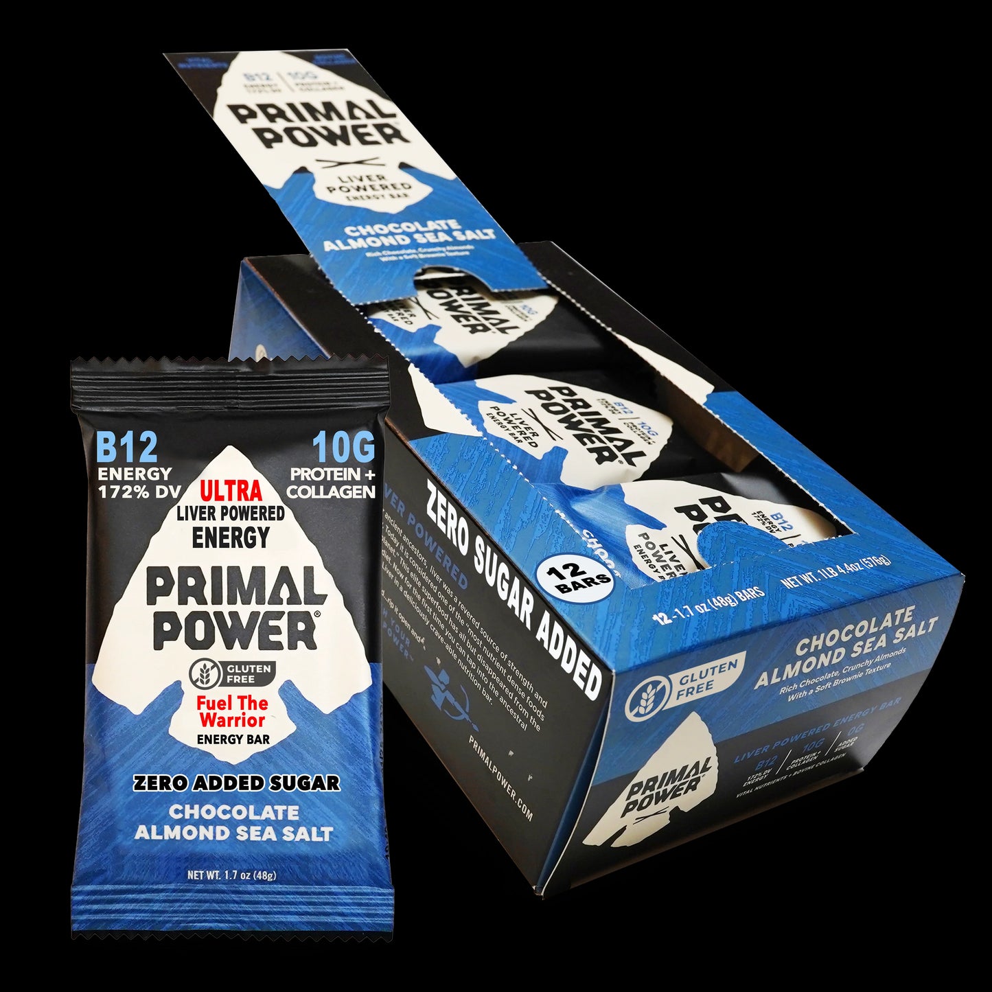 Primal Power Liver Powered Nutrition Bars, Chocolate Almond Sea Salt - B12 Energy Boost, 10g Protein, Vitamins, Minerals, Collagen, Zero Added Sugar, Gluten Free - Pack of 12