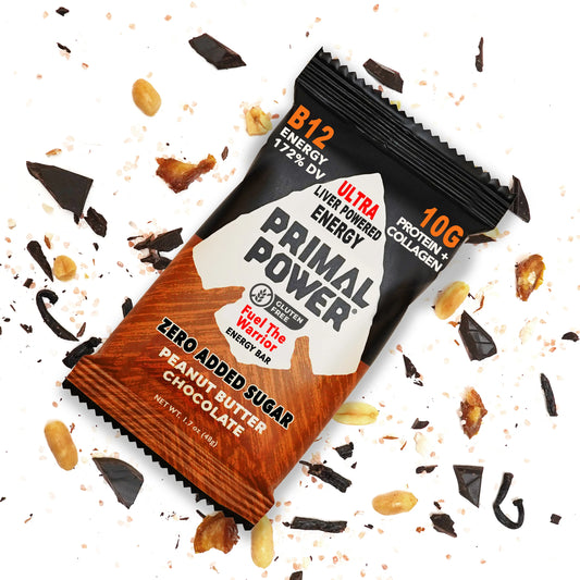 Primal Power Liver Powered Nutrition Bars, Peanut Butter Chocolate - B12 Energy Boost, 10g Protein, Vitamins, Minerals, Collagen, Zero Added Sugar, Gluten Free - Pack of 12
