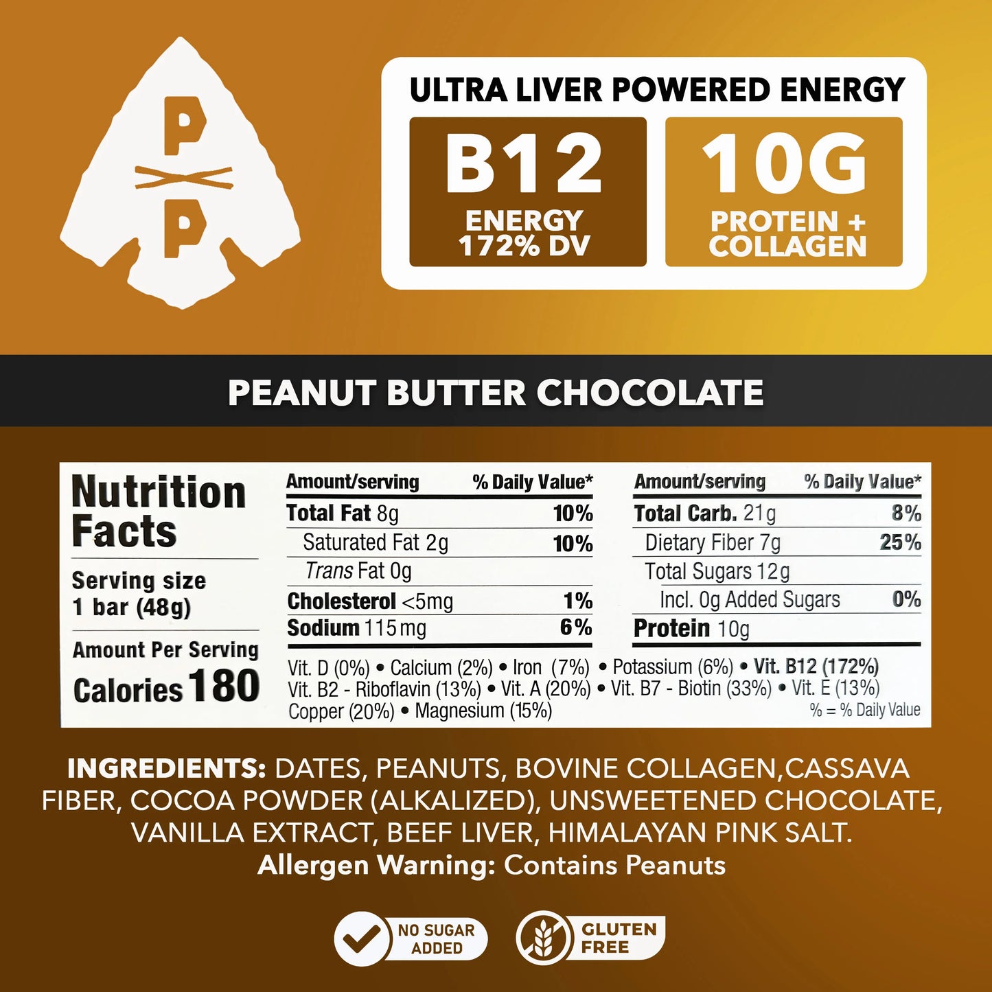 Primal Power Liver Powered Nutrition Bars, Peanut Butter Chocolate - B12 Energy Boost, 10g Protein, Vitamins, Minerals, Collagen, Zero Added Sugar, Gluten Free - Pack of 12